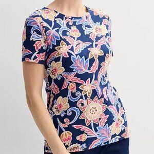 Women's Croft & Barrow Essential Crewneck Tee, Navy Artisan Blooms, Size: L